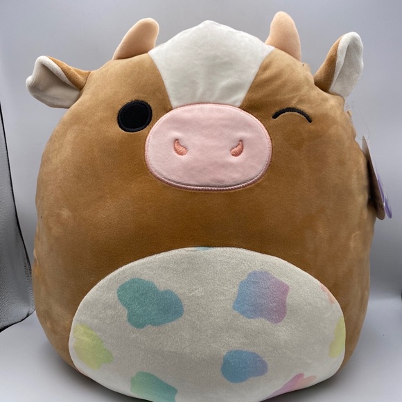Squishmallow 14” Griella The Brown Cow Rainbow Spot Belly Pink Nose Easter Plush - Picture 2 of 6